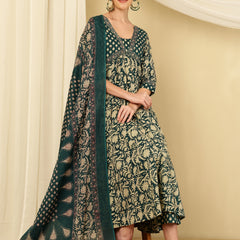 Teal Blue Pure Cotton Floral V Neck Flared Kurta, Pant & Dupatta Set For Women Mizaz Jaipur