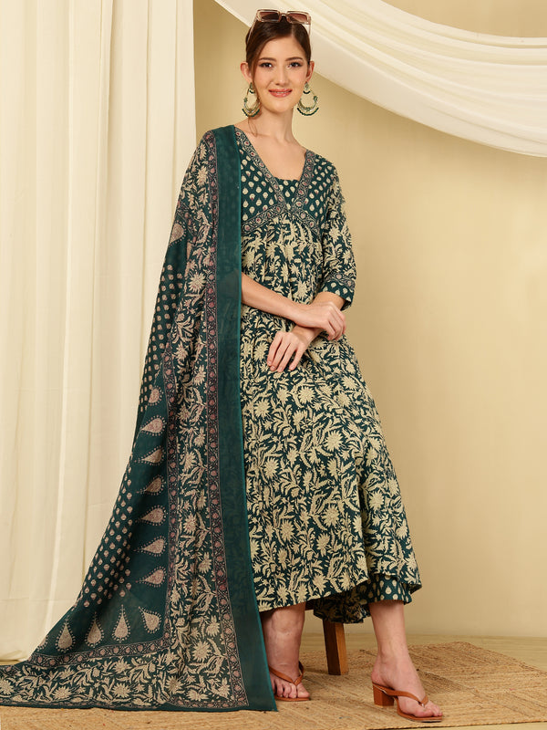 Teal Blue Pure Cotton Floral V Neck Flared Kurta, Pant & Dupatta Set For Women Mizaz Jaipur