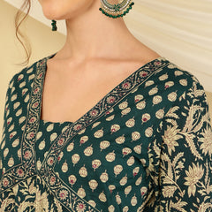 Teal Blue Pure Cotton Floral V Neck Flared Kurta, Pant & Dupatta Set For Women Mizaz Jaipur
