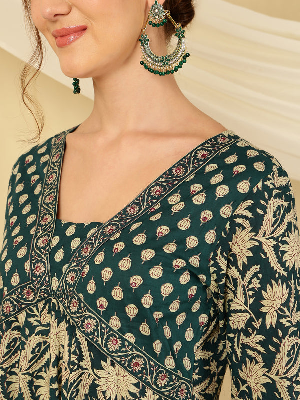 Teal Blue Pure Cotton Floral V Neck Flared Kurta, Pant & Dupatta Set For Women Mizaz Jaipur