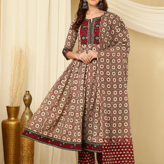 Maroon & Beige Pure Cotton Floral Round Neck Flared Kurta, Pant & Dupatta Set For Women Mizaz Jaipur