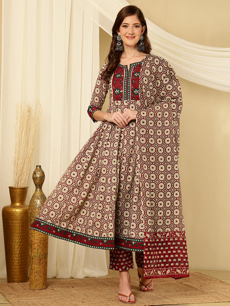 Maroon & Beige Pure Cotton Floral Round Neck Flared Kurta, Pant & Dupatta Set For Women Mizaz Jaipur