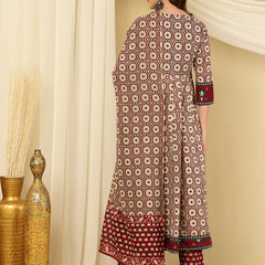 Maroon & Beige Pure Cotton Floral Round Neck Flared Kurta, Pant & Dupatta Set For Women Mizaz Jaipur