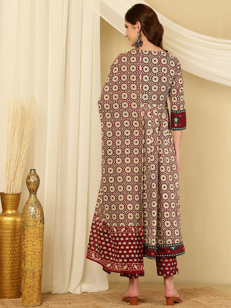 Maroon & Beige Pure Cotton Floral Round Neck Flared Kurta, Pant & Dupatta Set For Women Mizaz Jaipur
