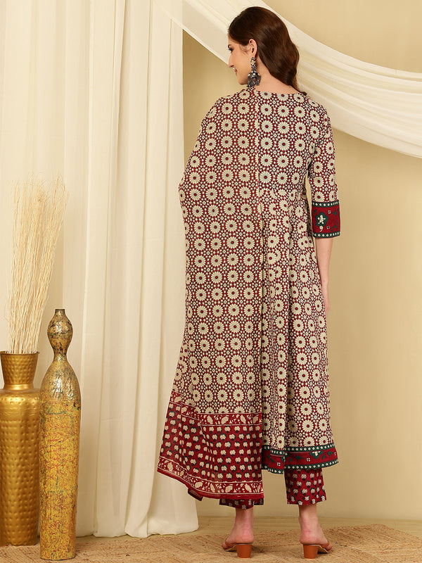 Maroon & Beige Pure Cotton Floral Round Neck Flared Kurta, Pant & Dupatta Set For Women Mizaz Jaipur