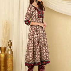 Maroon & Beige Pure Cotton Floral Round Neck Flared Kurta, Pant & Dupatta Set For Women Mizaz Jaipur