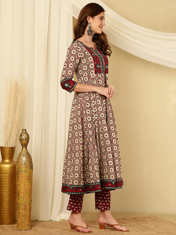 Maroon & Beige Pure Cotton Floral Round Neck Flared Kurta, Pant & Dupatta Set For Women Mizaz Jaipur