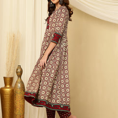 Maroon & Beige Pure Cotton Floral Round Neck Flared Kurta, Pant & Dupatta Set For Women Mizaz Jaipur