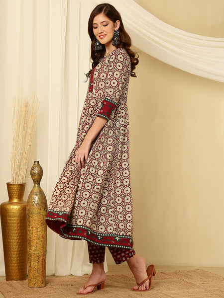 Maroon & Beige Pure Cotton Floral Round Neck Flared Kurta, Pant & Dupatta Set For Women Mizaz Jaipur