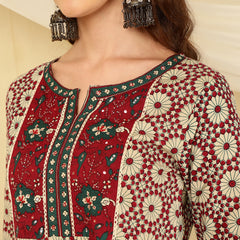 Maroon & Beige Pure Cotton Floral Round Neck Flared Kurta, Pant & Dupatta Set For Women Mizaz Jaipur