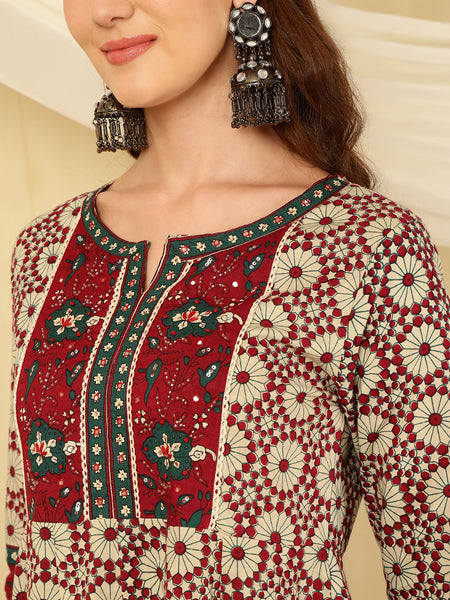 Maroon & Beige Pure Cotton Floral Round Neck Flared Kurta, Pant & Dupatta Set For Women Mizaz Jaipur