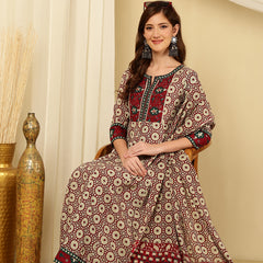 Maroon & Beige Pure Cotton Floral Round Neck Flared Kurta, Pant & Dupatta Set For Women Mizaz Jaipur