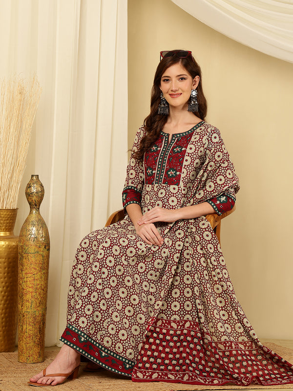 Maroon & Beige Pure Cotton Floral Round Neck Flared Kurta, Pant & Dupatta Set For Women Mizaz Jaipur