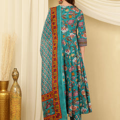 Aqua Blue Pure Cotton Floral Round Neck Flared Kurta, Pant & Dupatta Set For Women Mizaz Jaipur