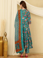 Aqua Blue Pure Cotton Floral Round Neck Flared Kurta, Pant & Dupatta Set For Women Mizaz Jaipur