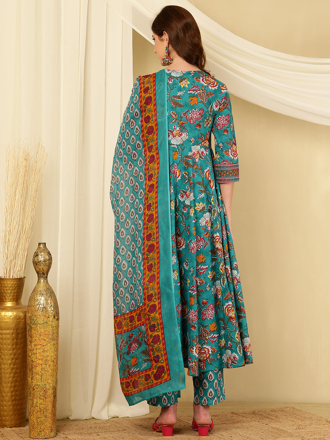 Aqua Blue Pure Cotton Floral Round Neck Flared Kurta, Pant & Dupatta Set For Women Mizaz Jaipur