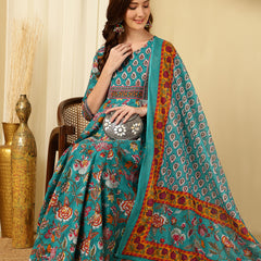Aqua Blue Pure Cotton Floral Round Neck Flared Kurta, Pant & Dupatta Set For Women Mizaz Jaipur