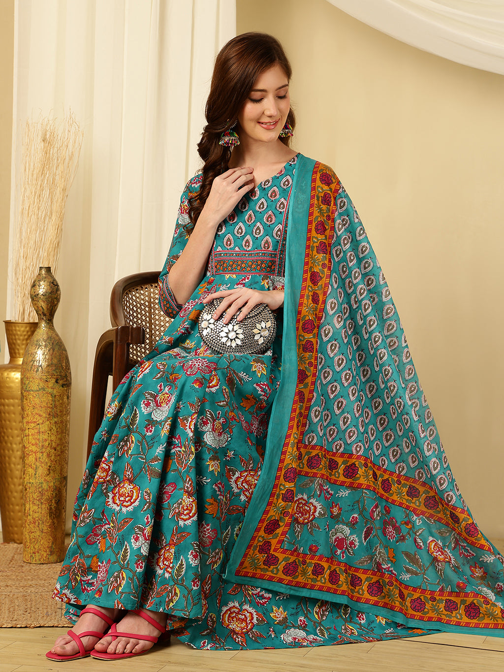 Aqua Blue Pure Cotton Floral Round Neck Flared Kurta, Pant & Dupatta Set For Women Mizaz Jaipur