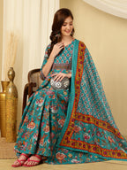 Aqua Blue Pure Cotton Floral Round Neck Flared Kurta, Pant & Dupatta Set For Women Mizaz Jaipur