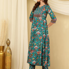Aqua Blue Pure Cotton Floral Round Neck Flared Kurta, Pant & Dupatta Set For Women Mizaz Jaipur