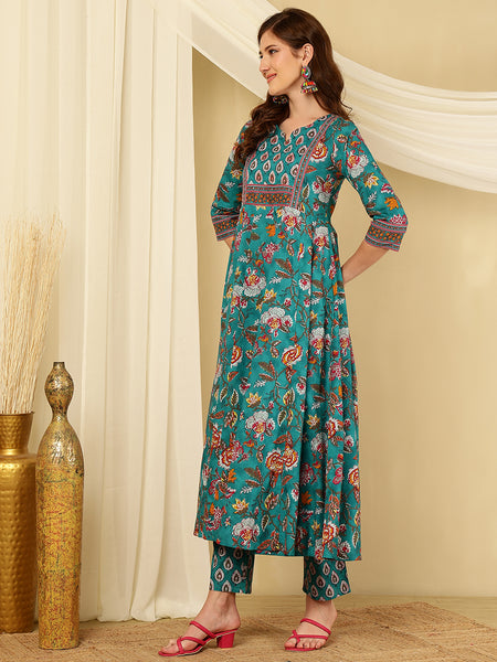 Aqua Blue Pure Cotton Floral Round Neck Flared Kurta, Pant & Dupatta Set For Women Mizaz Jaipur