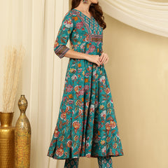 Aqua Blue Pure Cotton Floral Round Neck Flared Kurta, Pant & Dupatta Set For Women Mizaz Jaipur