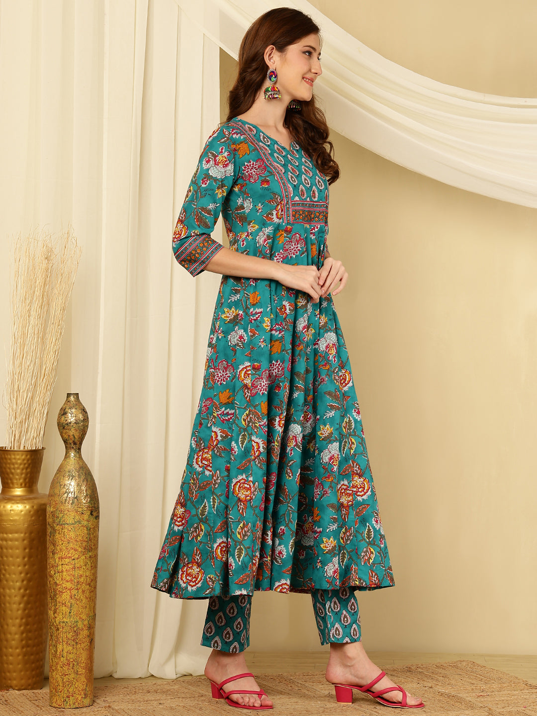 Aqua Blue Pure Cotton Floral Round Neck Flared Kurta, Pant & Dupatta Set For Women Mizaz Jaipur