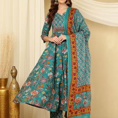 Aqua Blue Pure Cotton Floral Round Neck Flared Kurta, Pant & Dupatta Set For Women Mizaz Jaipur