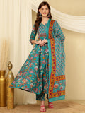 Aqua Blue Pure Cotton Floral Round Neck Flared Kurta, Pant & Dupatta Set For Women Mizaz Jaipur