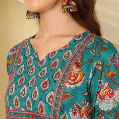 Aqua Blue Pure Cotton Floral Round Neck Flared Kurta, Pant & Dupatta Set For Women Mizaz Jaipur