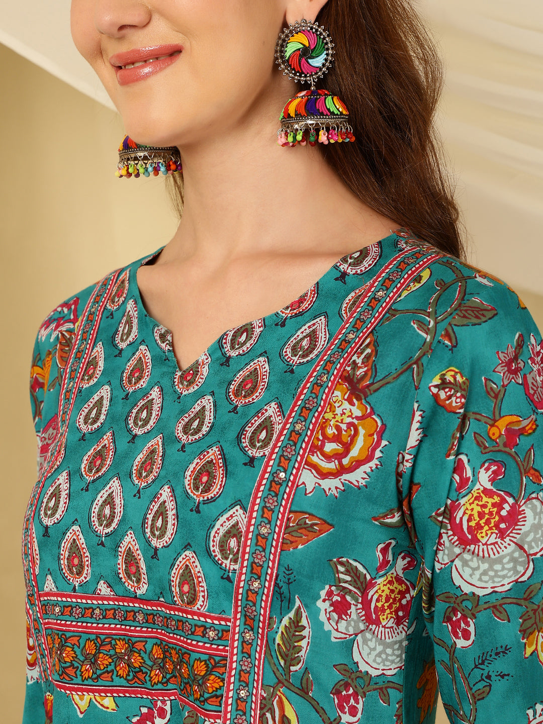 Aqua Blue Pure Cotton Floral Round Neck Flared Kurta, Pant & Dupatta Set For Women Mizaz Jaipur