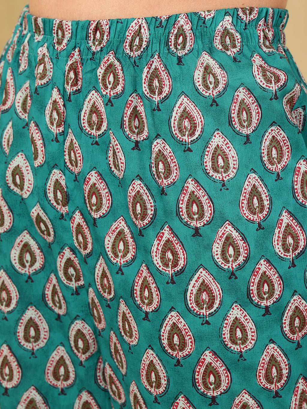 Aqua Blue Pure Cotton Floral Round Neck Flared Kurta, Pant & Dupatta Set For Women Mizaz Jaipur