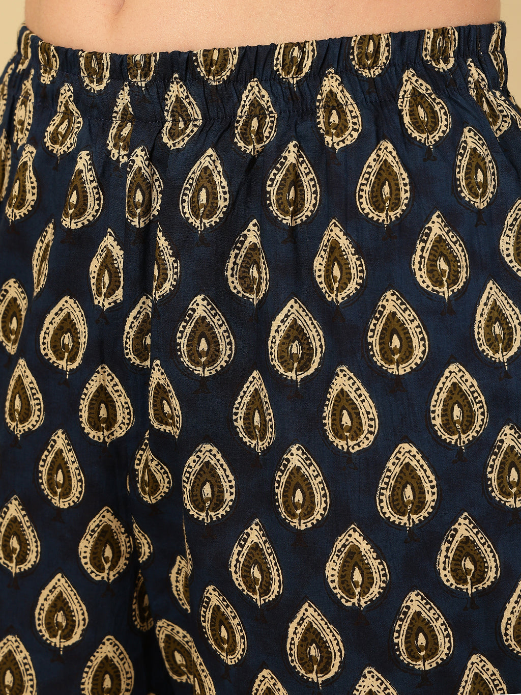 Berry Blue Pure Cotton Floral Round Neck Flared Kurta, Pant & Dupatta Set For Women Mizazjaipur