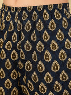 Berry Blue Pure Cotton Floral Round Neck Flared Kurta, Pant & Dupatta Set For Women Mizazjaipur