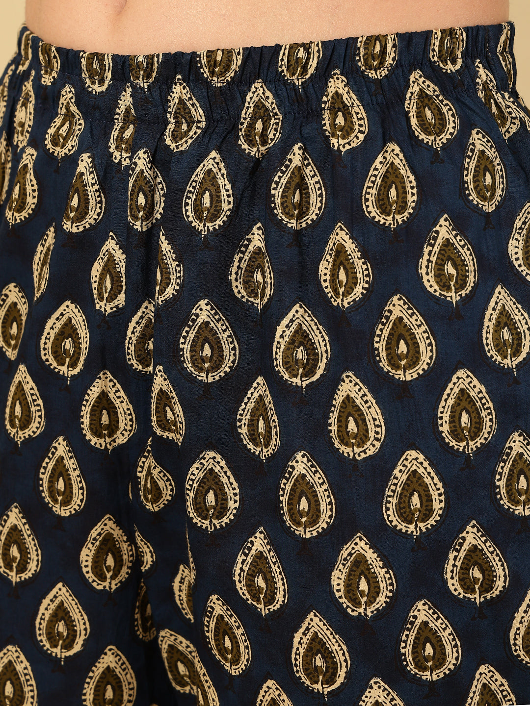 Berry Blue Pure Cotton Floral Round Neck Flared Kurta, Pant & Dupatta Set For Women Mizazjaipur