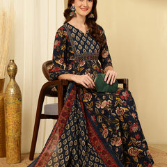 Berry Blue Pure Cotton Floral Round Neck Flared Kurta, Pant & Dupatta Set For Women Mizazjaipur