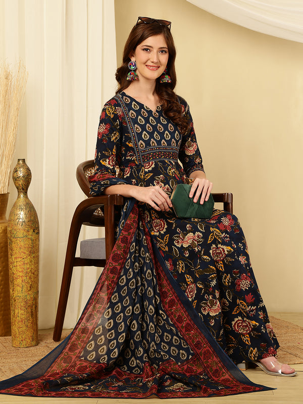 Berry Blue Pure Cotton Floral Round Neck Flared Kurta, Pant & Dupatta Set For Women Mizazjaipur