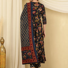 Berry Blue Pure Cotton Floral Round Neck Flared Kurta, Pant & Dupatta Set For Women Mizazjaipur