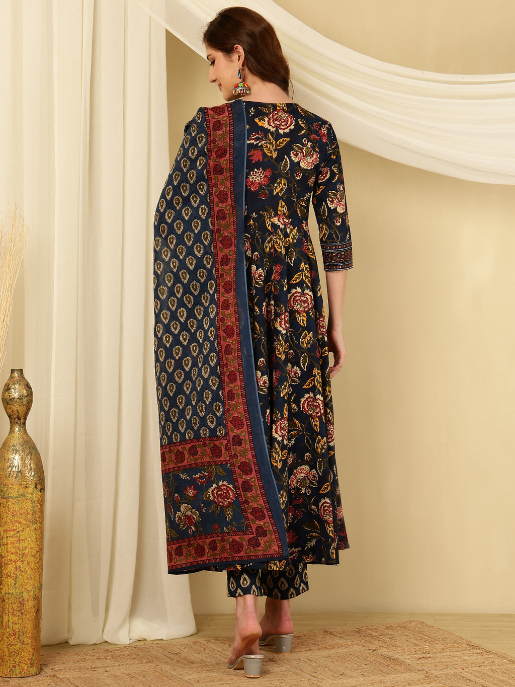 Berry Blue Pure Cotton Floral Round Neck Flared Kurta, Pant & Dupatta Set For Women Mizazjaipur