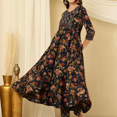 Berry Blue Pure Cotton Floral Round Neck Flared Kurta, Pant & Dupatta Set For Women Mizazjaipur