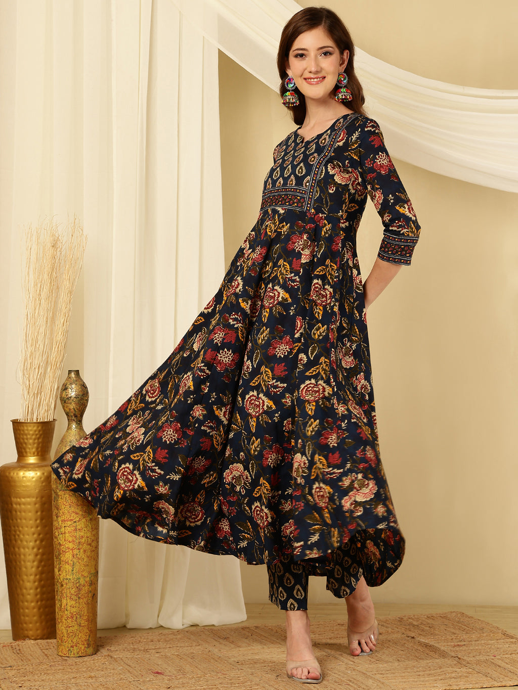 Berry Blue Pure Cotton Floral Round Neck Flared Kurta, Pant & Dupatta Set For Women Mizazjaipur