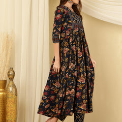 Berry Blue Pure Cotton Floral Round Neck Flared Kurta, Pant & Dupatta Set For Women Mizazjaipur