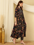 Berry Blue Pure Cotton Floral Round Neck Flared Kurta, Pant & Dupatta Set For Women Mizazjaipur