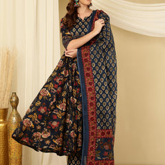Berry Blue Pure Cotton Floral Round Neck Flared Kurta, Pant & Dupatta Set For Women Mizazjaipur