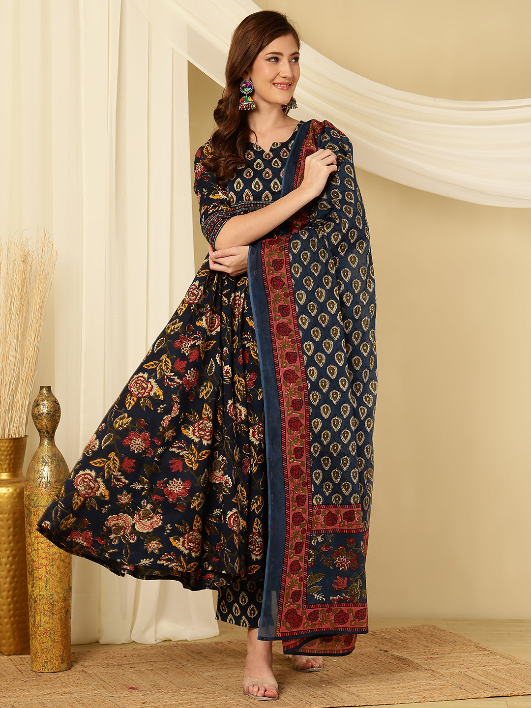 Berry Blue Pure Cotton Floral Round Neck Flared Kurta, Pant & Dupatta Set For Women Mizazjaipur