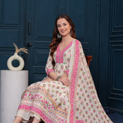Cream Pure Cotton Floral V Neck Flared Kurta, Pant & Dupatta Set For Women Mizaz Jaipur