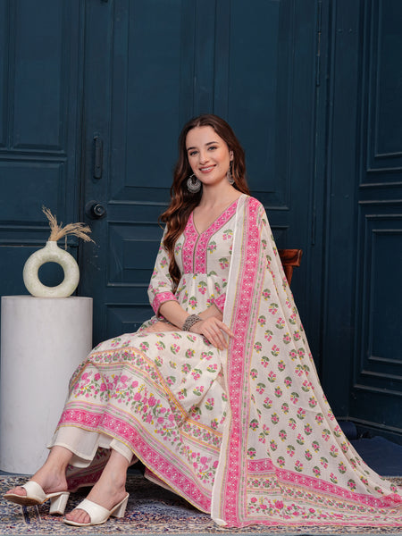 Cream Pure Cotton Floral V Neck Flared Kurta, Pant & Dupatta Set For Women Mizaz Jaipur