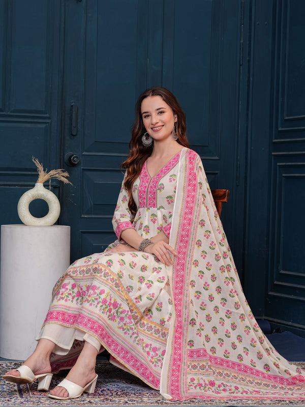 Cream Pure Cotton Floral V Neck Flared Kurta, Pant & Dupatta Set For Women Mizaz Jaipur