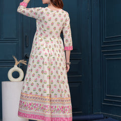 Cream Pure Cotton Floral V Neck Flared Kurta, Pant & Dupatta Set For Women Mizaz Jaipur