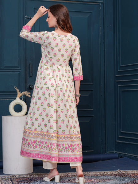 Cream Pure Cotton Floral V Neck Flared Kurta, Pant & Dupatta Set For Women Mizaz Jaipur